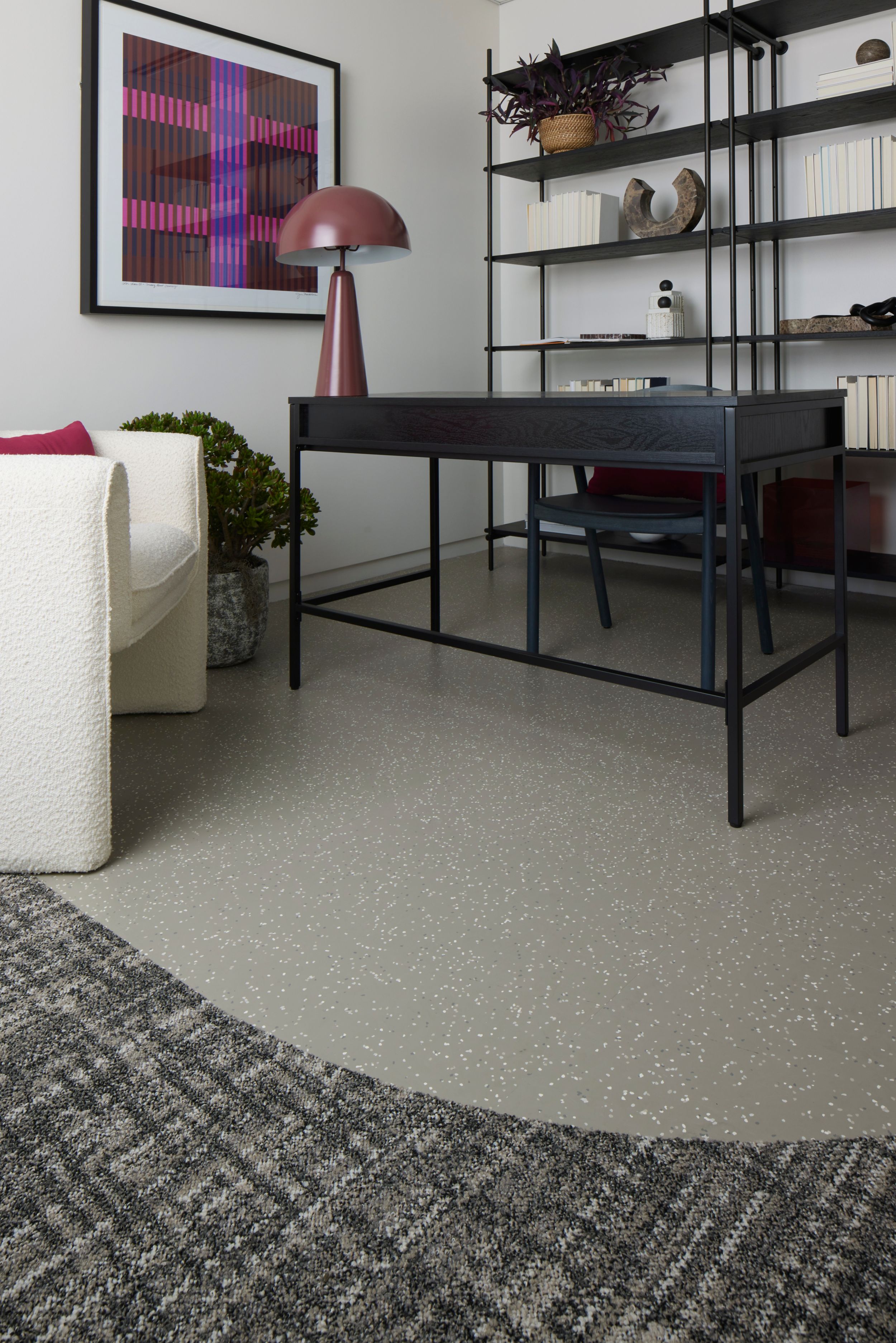 Interface Knitstitch carpet tile with nora by Interface noraplan convia rubber flooring in workspace focus room image number 5